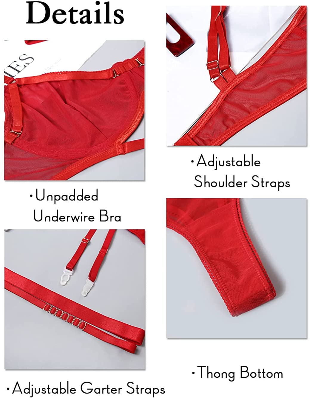 Kaei&Shi Mesh Sheer,Underwire Unpadded Bra,Thong,Thigh Straps,Garter Belt Lingerie for Women Apparel & Accessories > Clothing > Underwear & Socks > Lingerie Kaei&Shi   