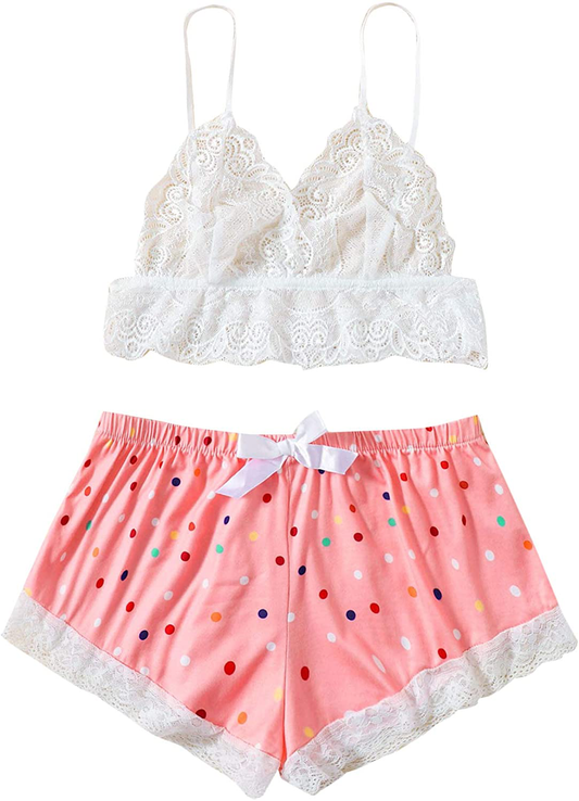SOLY HUX Women'S Lace Sheer Cami Top with Satin Shorts Pajama Set Sleepwear Apparel & Accessories > Clothing > Sleepwear & Loungewear Kylie Max   
