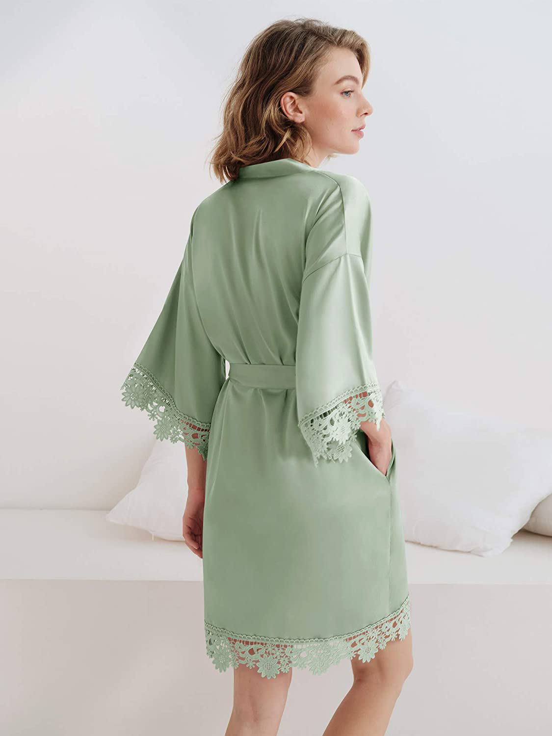 SIORO Women'S Satin Robe Lace Silk Kimono Robes Short for Bridesmaid Wedding Party Nightgown, Small~X-Large Apparel & Accessories > Clothing > Sleepwear & Loungewear > Robes KYLIE MAX   