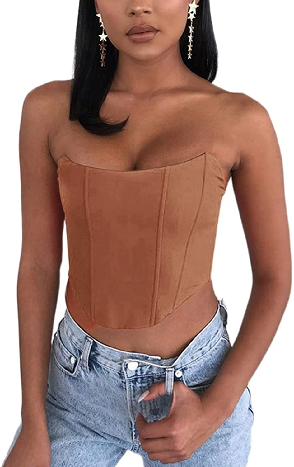 Sexy Women Push up Bustiers Corsets Strapless off Shoulder Slim Crop Tops Clubwear Party Outwear Apparel & Accessories > Clothing > Underwear & Socks > Lingerie hirigin Brown Medium 