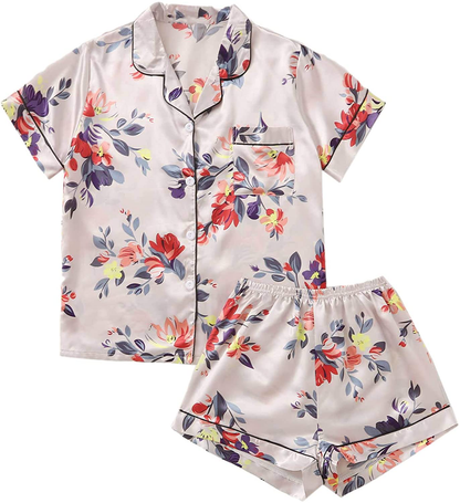 Floerns Women's Notch Collar Palm Leaf Print Sleepwear Two Piece Pajama Set Apparel & Accessories > Clothing > Sleepwear & Loungewear > Pajamas Floerns Beige Floral Large 