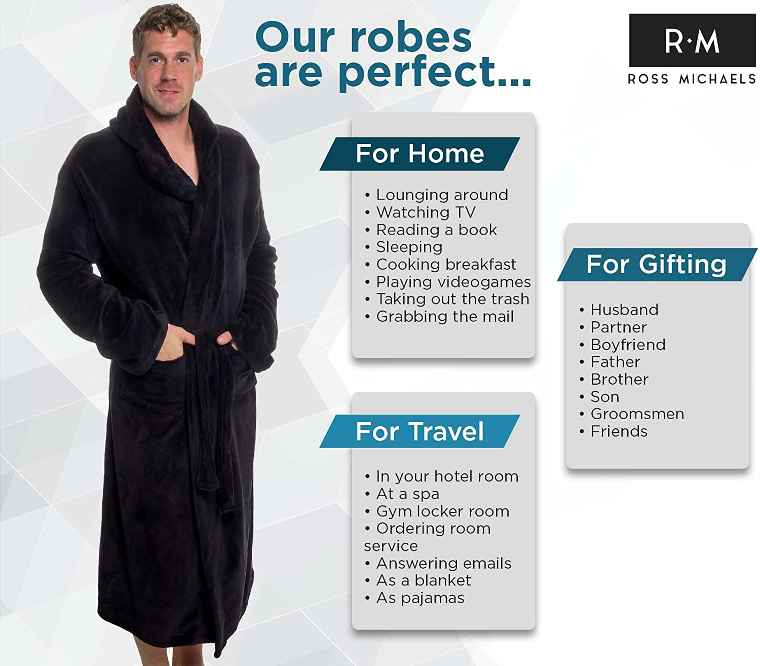 Ross Michaels Mens Robe with Hood - Mid Length - Plush Shawl Collar Fleece Bathrobe Apparel & Accessories > Clothing > Sleepwear & Loungewear > Robes Kylie Max   