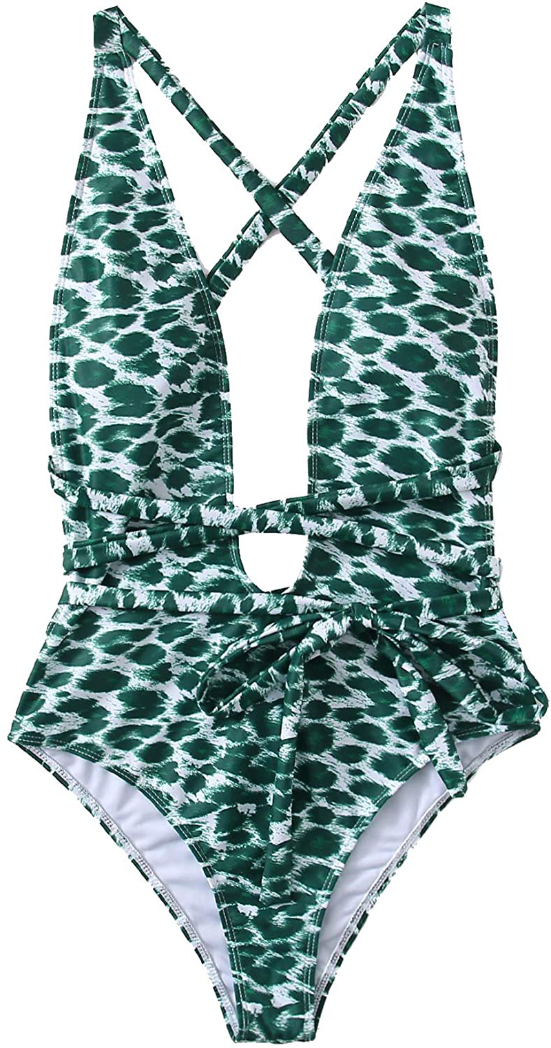 Sweatyrocks Women'S Sexy Bathing Suits Criss Cross Tie Knot Front Deep V Open Back Leopard One Piece Swimwear Apparel & Accessories > Clothing > Swimwear Kylie Max   