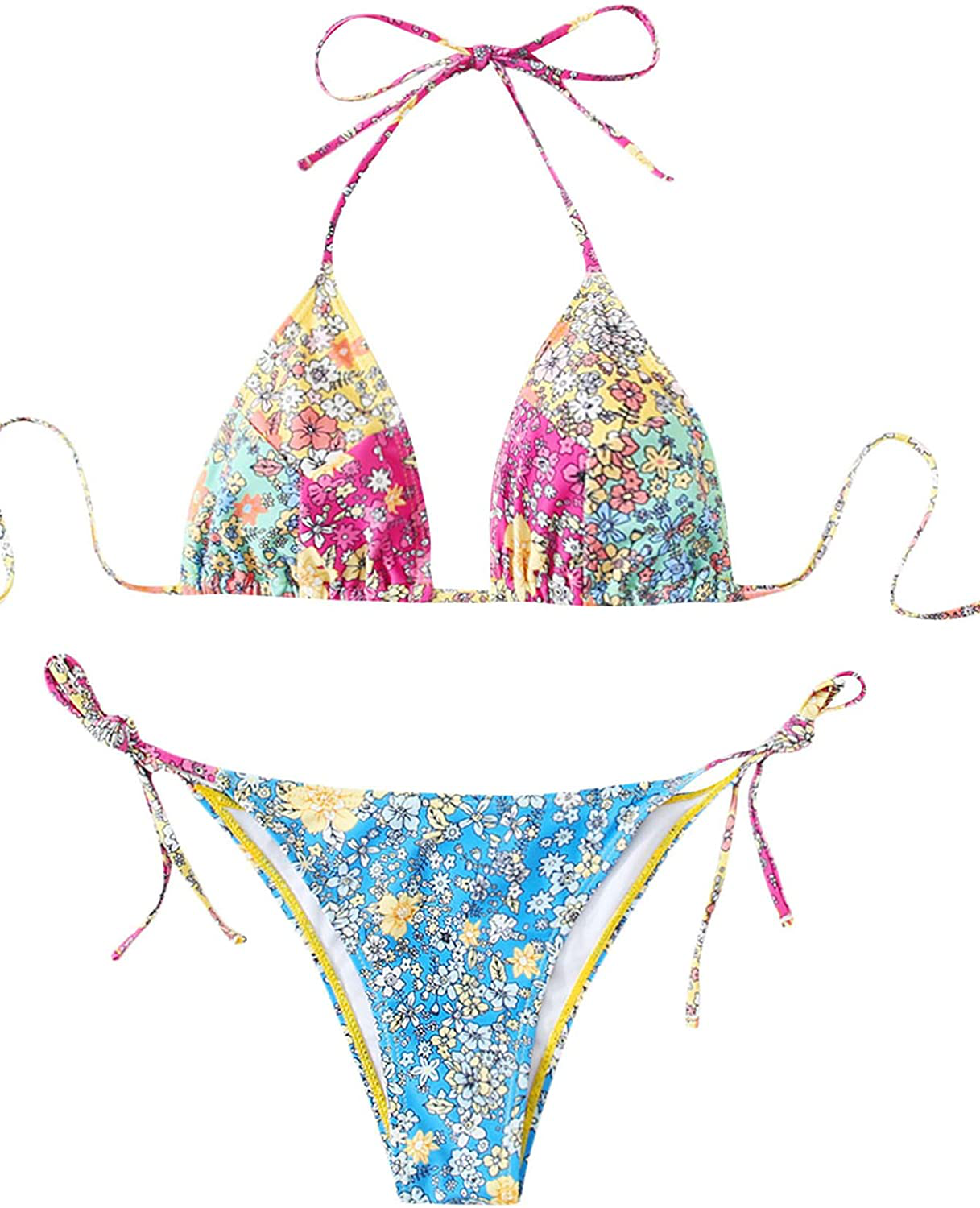 SOLY HUX Women's Halter Triangle Tie Side Bikini 2 Piece Swimsuits Apparel & Accessories > Clothing > Swimwear SOLY HUX Multi Ditsy Small 