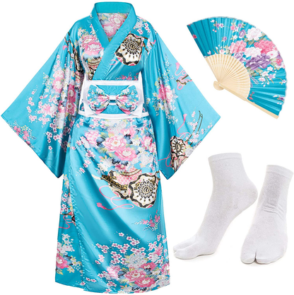 Japanese Anime Women'S Kimono Robe Geisha Yukata Sweet Dress Blossom Satin Bathrobe Sleepwear Fans Tabi Socks Set Apparel & Accessories > Clothing > Sleepwear & Loungewear > Robes Elibelle Light Blue Plus size(Tag 5XL) 