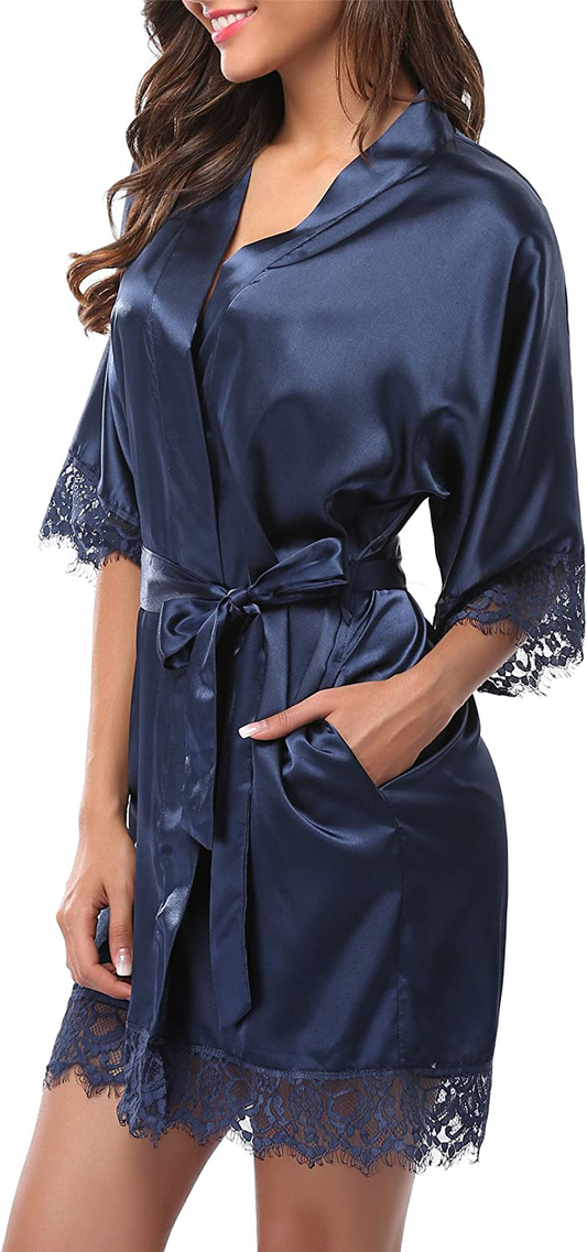Giova Women'S Lace Trim Kimono Robe Bride Bridesmaids Wedding Shower Satin Short Robe Apparel & Accessories > Clothing > Sleepwear & Loungewear > Robes Giova Navy Blue X-Large 