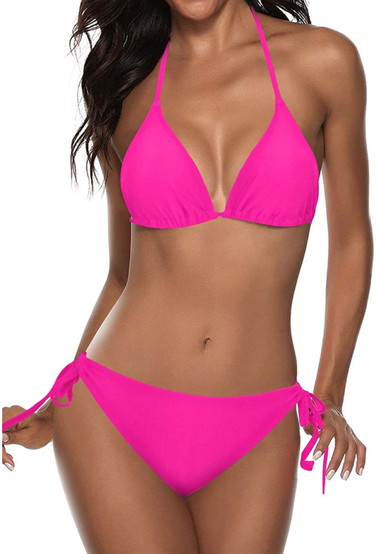 Tempt Me Women Two Piece Halter Padded Top Tie Side Bottom Triangle Bikini Bathing Suit Apparel & Accessories > Clothing > Swimwear KYLIE MAX Hot Pink Medium 