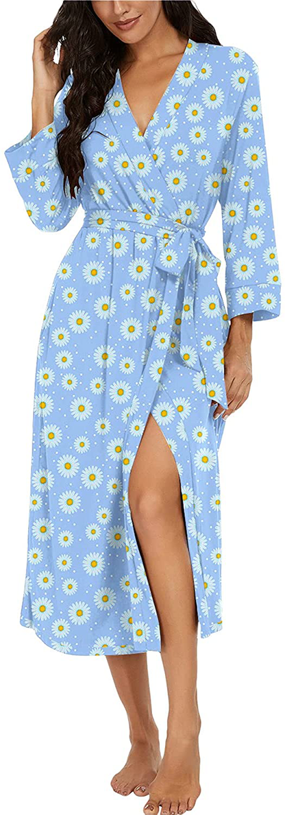 VINTATRE Women Kimono Robes Long Knit Bathrobe Lightweight Soft Knit Sleepwear V-Neck Casual Ladies Loungewear Apparel & Accessories > Clothing > Sleepwear & Loungewear > Robes VINTATRE Daisies Blue Medium 