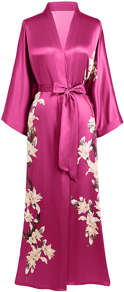 BABEYOND Kimono Robe Cover up Long Floral Satin Sleepwear Silky Bathrobe Bachelorette Robe Apparel & Accessories > Clothing > Sleepwear & Loungewear > Robes KYLIE MAX Winered  