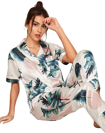 Floerns Women'S Printed Two Piece Short Sleeve Sleepwear Long Pants Silk Pajamas Sets Apparel & Accessories > Clothing > Sleepwear & Loungewear Kylie Max   