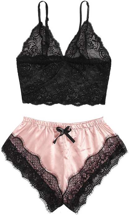 Sweatyrocks Women'S Lace Cami Top with Shorts with Panties 2 Piece Set Sexy Lingerie Pajama Set Apparel & Accessories > Clothing > Sleepwear & Loungewear Kylie Max   