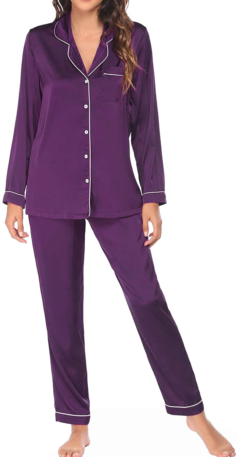 Ekouaer Satin Pajamas Women’S Long Sleeve Sleepwear Silk Soft Button down Loungewear Pjs Set S-XXL Apparel & Accessories > Clothing > Sleepwear & Loungewear > Pajamas Kylie Max   