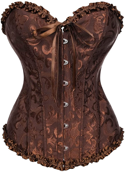 Women'S Lacing Corset Top Satin Floral Boned Overbust Body Shaper Bustier Apparel & Accessories > Clothing > Underwear & Socks > Lingerie SHYMMUO Brown X-Large 