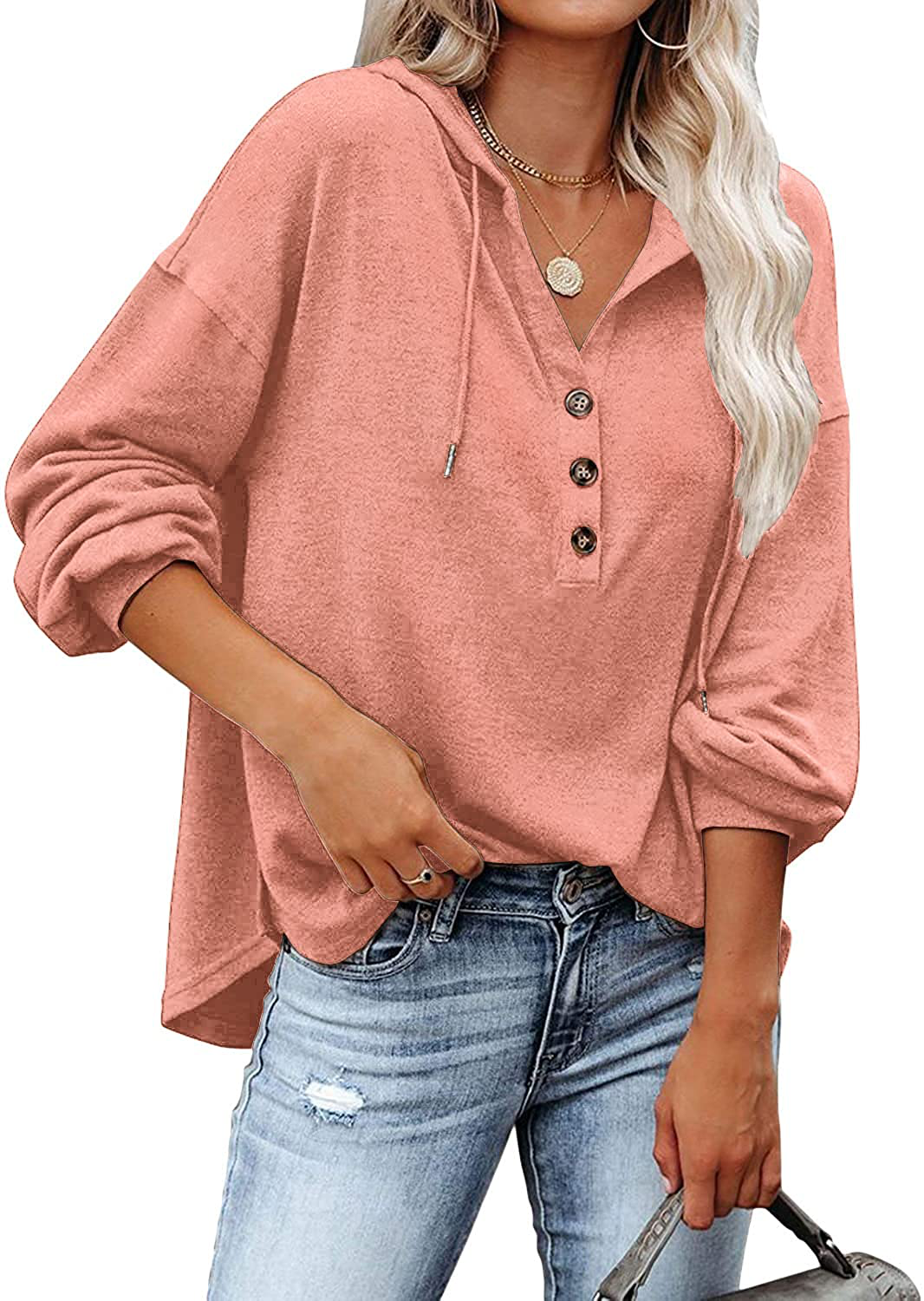 REVETRO Womens V Neck Long Sleeve Henley Shirts Button down Sweatshirts Hoodies Tunic Tops with Drawstring Apparel & Accessories > Clothing > Activewear Kylie Max   