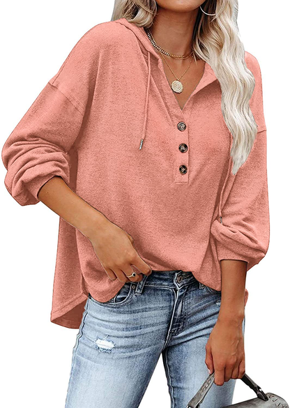 REVETRO Womens V Neck Long Sleeve Henley Shirts Button down Sweatshirts Hoodies Tunic Tops with Drawstring Apparel & Accessories > Clothing > Activewear Kylie Max   