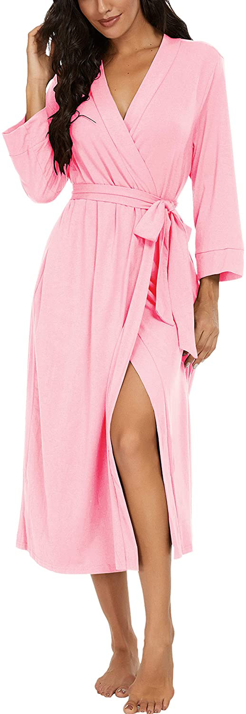 VINTATRE Women Kimono Robes Long Knit Bathrobe Lightweight Soft Knit Sleepwear V-Neck Casual Ladies Loungewear Apparel & Accessories > Clothing > Sleepwear & Loungewear > Robes VINTATRE C05 Pink X-Large 