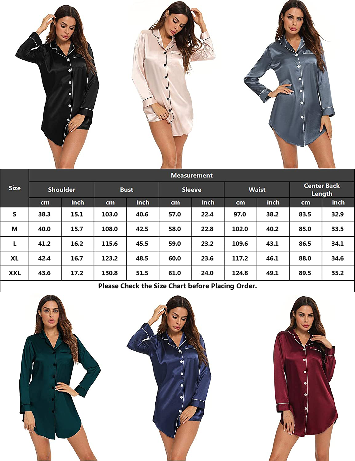 SWOMOG Women'S Satin Sleep Shirt Long Sleeve Sleepwear Silk Nightshirt Button down Pajama Top Apparel & Accessories > Clothing > Sleepwear & Loungewear > Nightgowns Kylie Max   