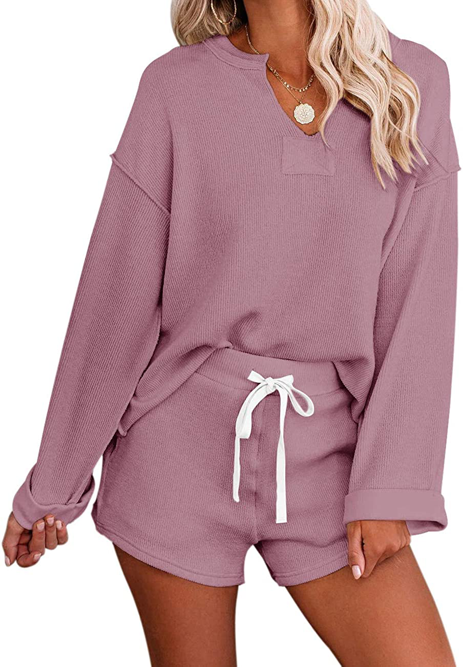 MEROKEETY Women's Long Sleeve Pajama Set Henley Knit Tops and Shorts Sleepwear Loungewear Apparel & Accessories > Clothing > Sleepwear & Loungewear > Pajamas MEROKEETY Pink Small 