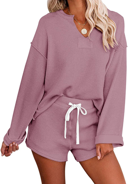 MEROKEETY Women's Long Sleeve Pajama Set Henley Knit Tops and Shorts Sleepwear Loungewear Apparel & Accessories > Clothing > Sleepwear & Loungewear > Pajamas MEROKEETY Pink Small 