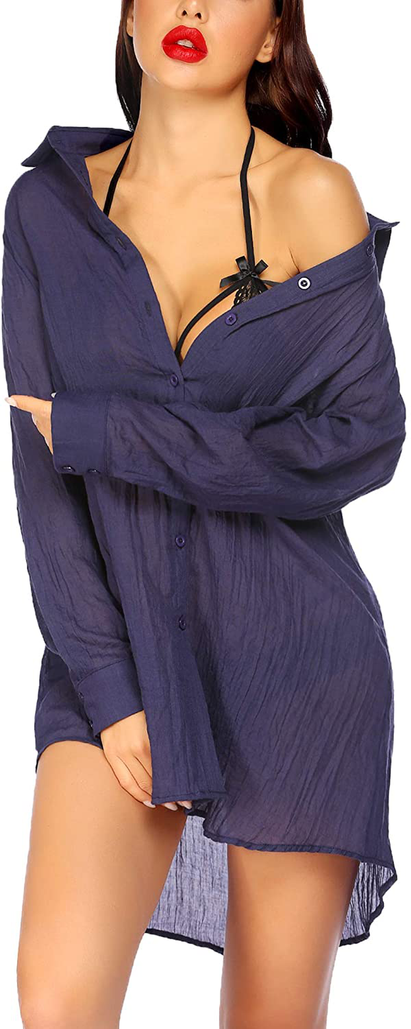 Ekouaer Button down Sleep Shirts for Women Sheer Long Sleeve Boyfriend Nightshirt S-XXL Apparel & Accessories > Clothing > Sleepwear & Loungewear > Nightgowns Kylie Max   