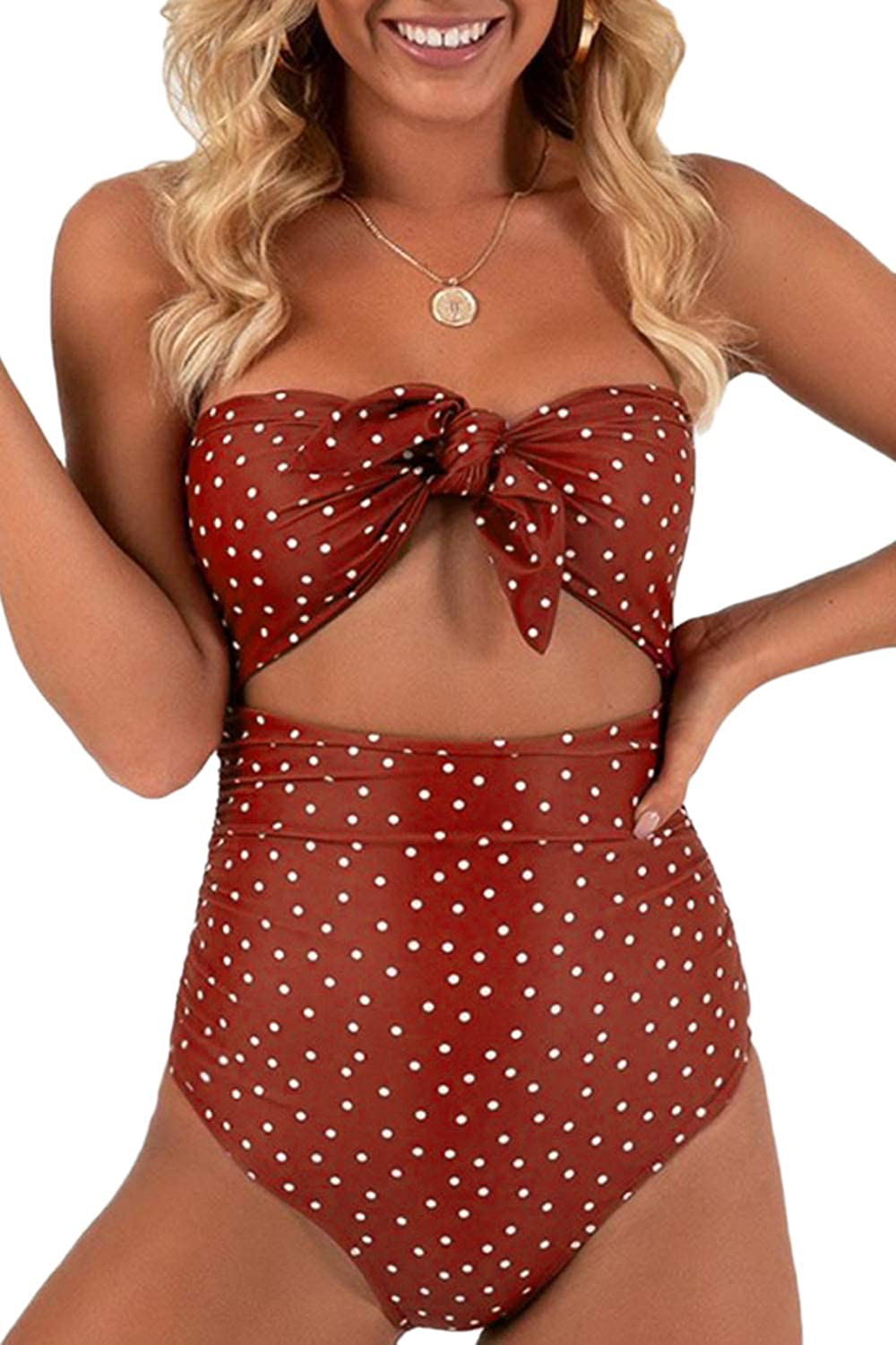 QINSEN Womens Sexy Strapless Tie Knot Front High Waist One Piece Swimsuit Apparel & Accessories > Clothing > Swimwear Kylie Max   