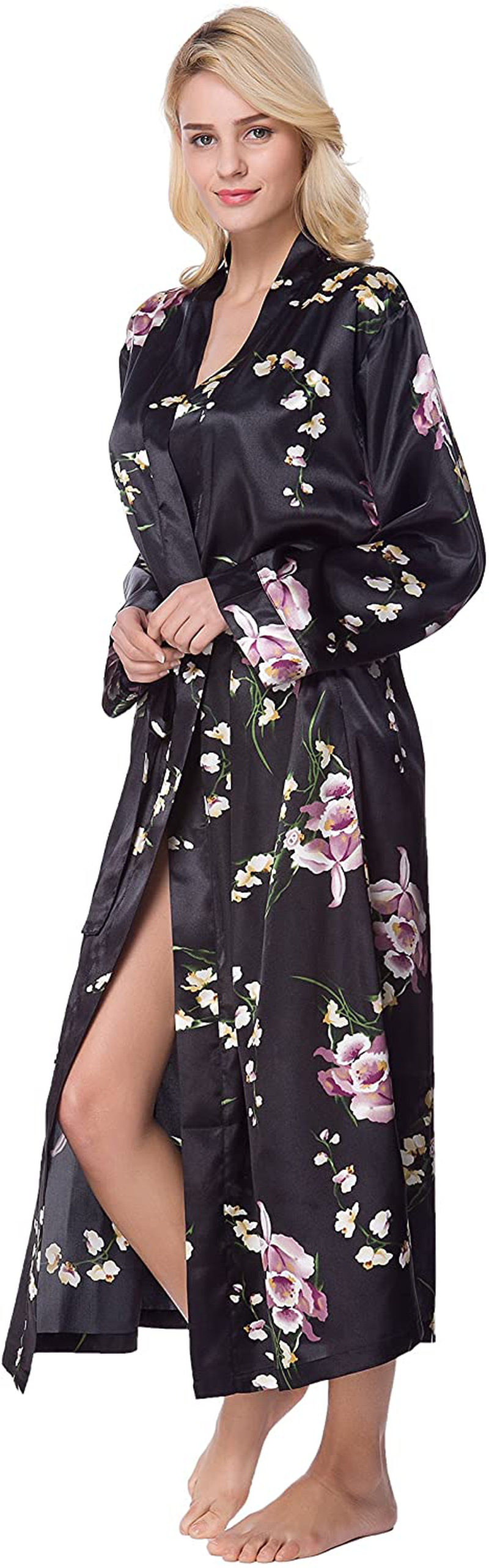 Lavenderi Women'S Long Classic Satin Kimono Lounge Bathrobe Robe Apparel & Accessories > Clothing > Sleepwear & Loungewear > Robes Lavenderi Black Aop Large 