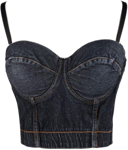 ELLACCI Women'S Denim Bustier Crop Top Jean Corset Top Bra with Detachable Straps Apparel & Accessories > Clothing > Underwear & Socks > Lingerie ELLACCI   