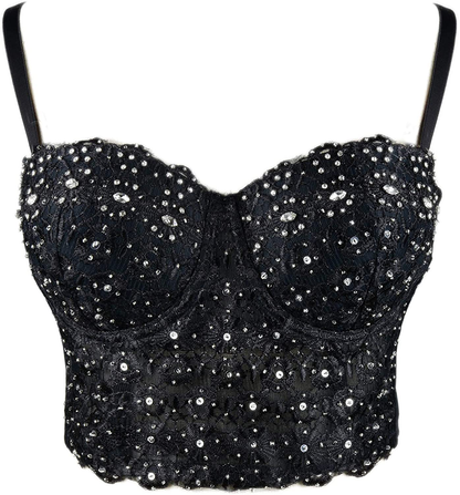 ELLACCI Women'S Natural Reigning Lace Rhinestone Bustier Crop Top Sexy Mesh Corset Top Bra Black Apparel & Accessories > Clothing > Underwear & Socks > Lingerie ELLACCI   