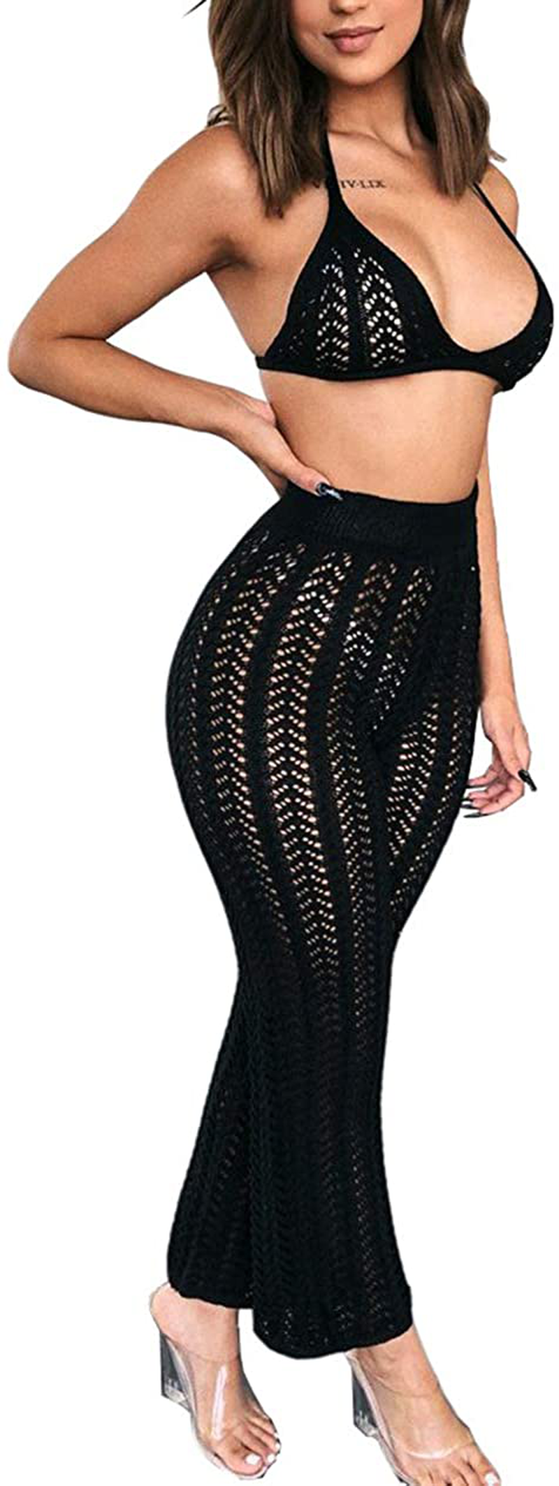 Salimdy Women Hollow Out Knitted See through 2 Piece Outfits Halter Bandeau Top Long Pant Bikini Cover Up Apparel & Accessories > Clothing > Swimwear Kylie Max   