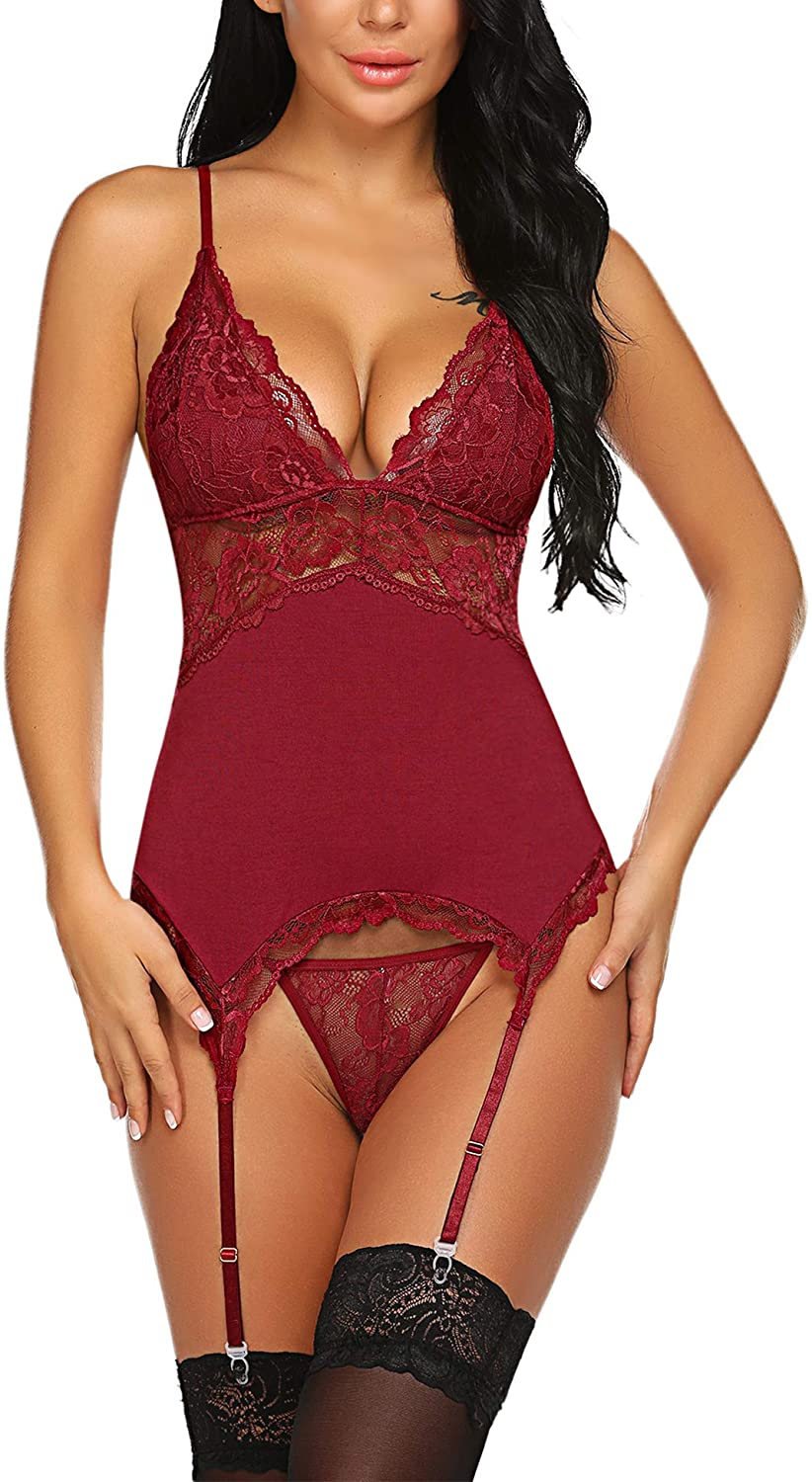 Avidlove Women Chemise Lingerie Set with Garter Belts Lace Babydoll Teddy Nightwear Outfit Apparel & Accessories > Clothing > Underwear & Socks > Lingerie Avidlove Dark Red Small 