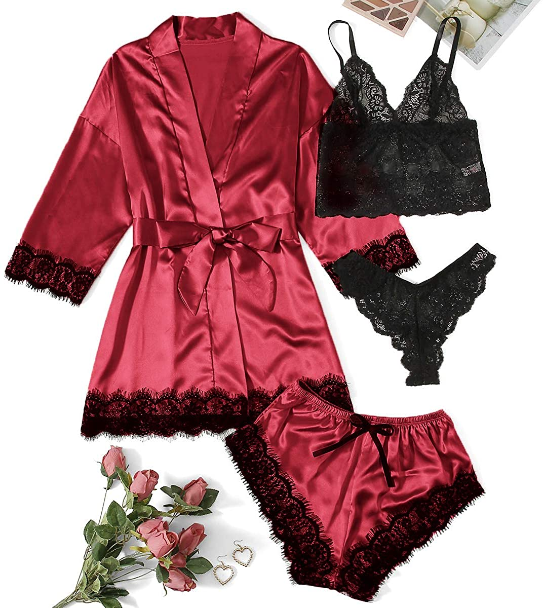 WDIRARA Women'S 4 Pieces Satin Floral Lace Cami Top Lingerie Pajama Set with Robe Apparel & Accessories > Clothing > Underwear & Socks > Lingerie WDIRARA   