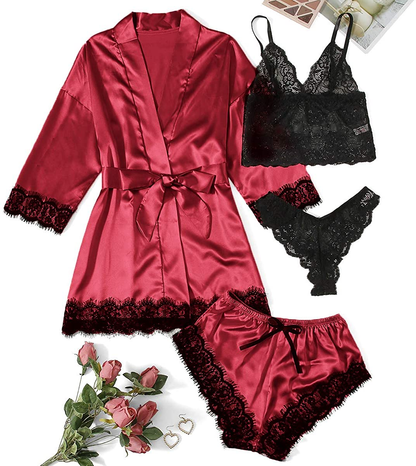 WDIRARA Women'S 4 Pieces Satin Floral Lace Cami Top Lingerie Pajama Set with Robe Apparel & Accessories > Clothing > Underwear & Socks > Lingerie WDIRARA   