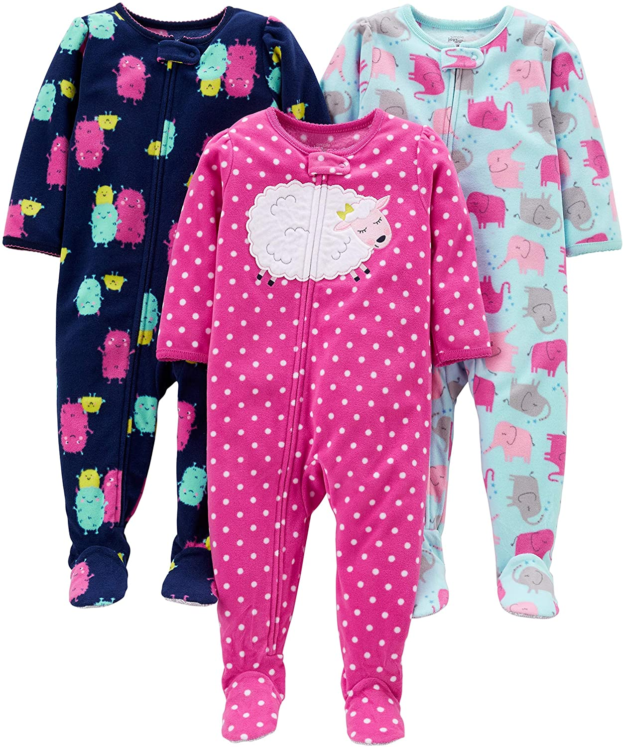 Simple Joys by Carter'S Toddler and Baby Girls' Loose Fit Fleece Footed Pajamas, Pack of 3 Apparel & Accessories > Clothing > Underwear & Socks > Lingerie Simple Joys by Carter's Pink/Navy/Light Blue, Elephant/Monster 3T 