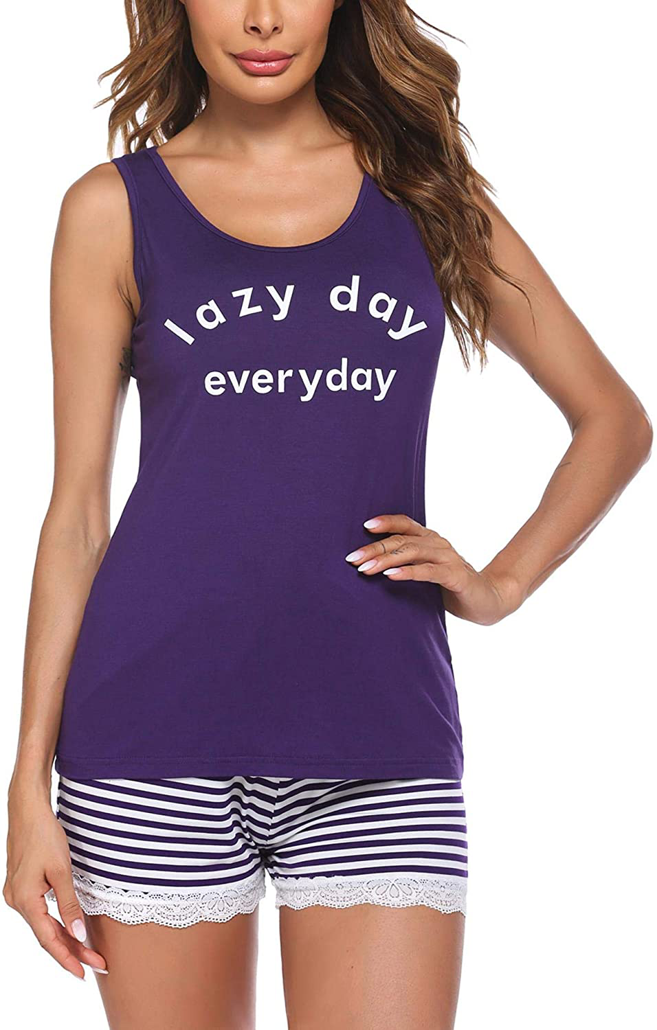 Ekouaer Womens Pajama Set Sleeveless Tank Top and Shorts Pj Set Lace Hem Sleepwear S-XXL Apparel & Accessories > Clothing > Sleepwear & Loungewear > Pajamas Ekouaer Purple Small 