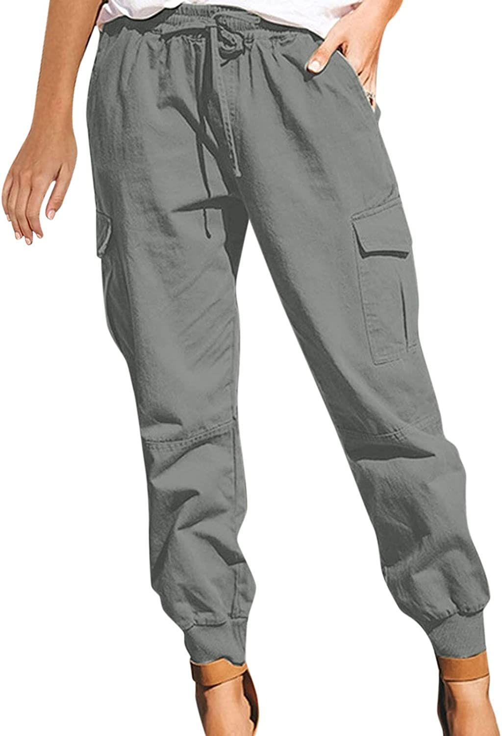 Burband Womens Cotton Elastic Waist Tactical Joggers Pants Cargo Sweatpants with Pockets Hiking Linen Yoga Lounge Trousers Apparel & Accessories > Clothing > Underwear & Socks > Shapewear Burband Gray Large 