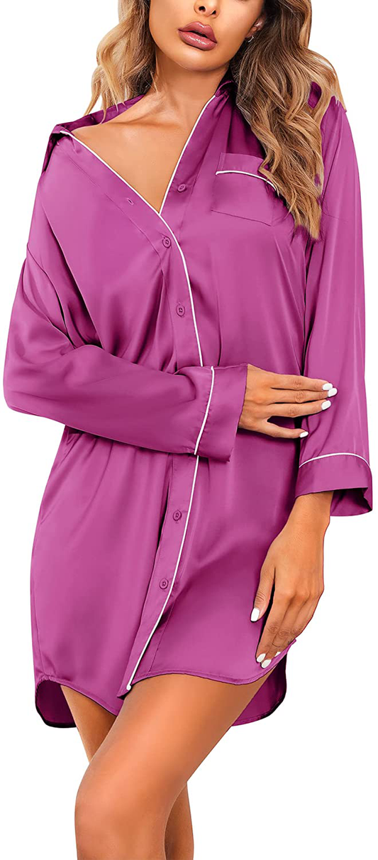 Ekouaer Women'S Long Sleeve Satin Sleepshirt Button down Nightgowns Silk Nightshirt Pajama Top Sleepwear S-XXL Apparel & Accessories > Clothing > Sleepwear & Loungewear > Nightgowns Kylie Max   