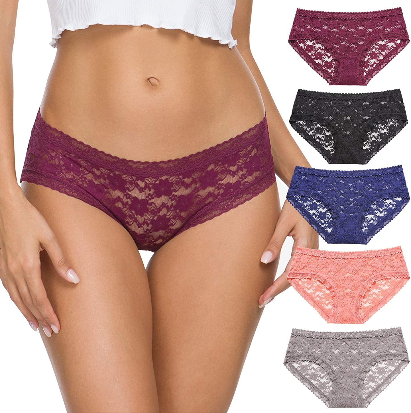 Wealurre Womens Underwear Lace Sexy Panties Bikini Panty for Women Seamless Hipster Pack Apparel & Accessories > Clothing > Underwear & Socks > Underwear Wealurre B/Db/G/Wi/Pum Medium 