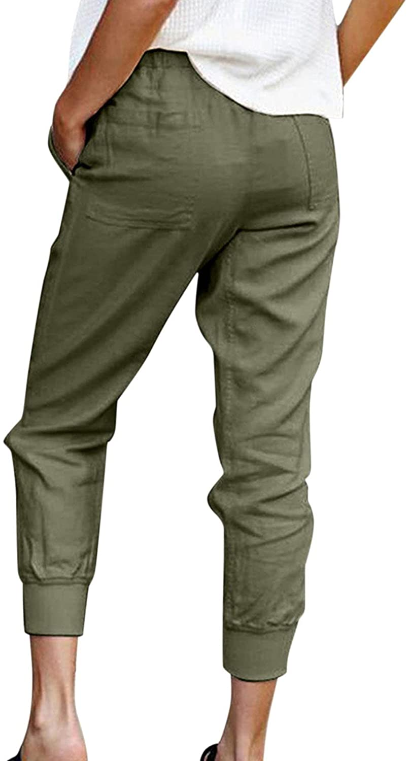Burband Womens Cotton Elastic Waist Tactical Joggers Pants Cargo Sweatpants with Pockets Hiking Linen Yoga Lounge Trousers Apparel & Accessories > Clothing > Underwear & Socks > Shapewear Burband   