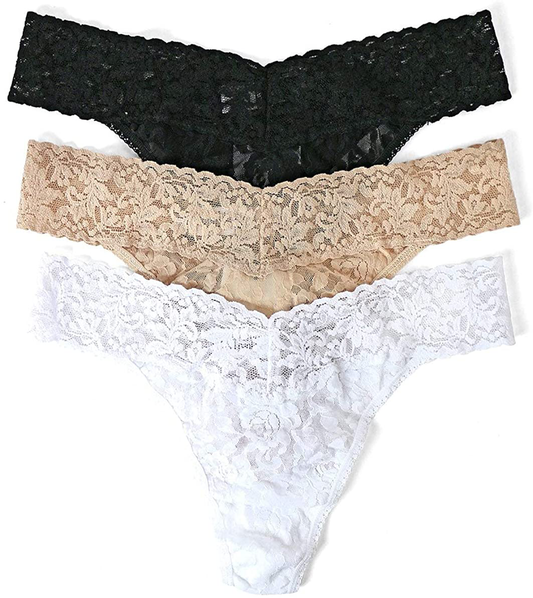 hanky panky, Signature Lace Original Rise Thong 3 Pack, One Size (4-14) Apparel & Accessories > Clothing > Underwear & Socks > Underwear hanky panky Black, White, Chai One Size 