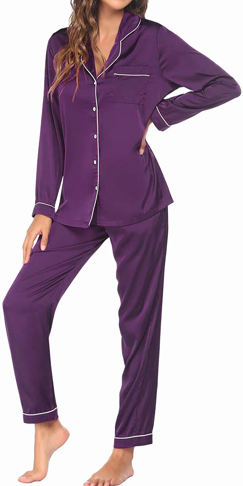 Ekouaer Satin Pajamas Women’S Long Sleeve Sleepwear Silk Soft Button down Loungewear Pjs Set S-XXL Apparel & Accessories > Clothing > Sleepwear & Loungewear > Pajamas Kylie Max   