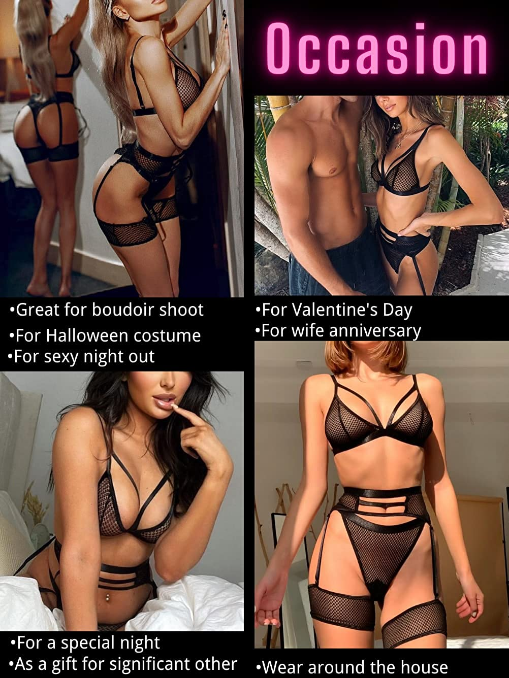 Kaei&Shi 4 Piece,Strappy Triangle Bralette,Thong,Thigh Bands,Garter Lingerie Set Apparel & Accessories > Clothing > Underwear & Socks > Lingerie Kaei&Shi   