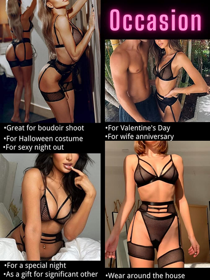 Kaei&Shi 4 Piece,Strappy Triangle Bralette,Thong,Thigh Bands,Garter Lingerie Set Apparel & Accessories > Clothing > Underwear & Socks > Lingerie Kaei&Shi   