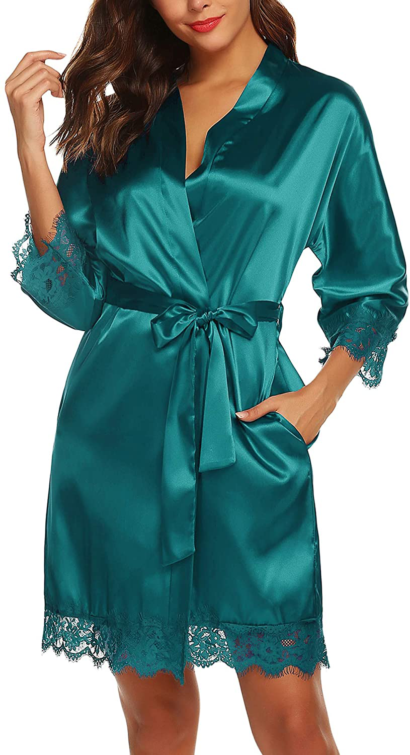 URRU Women'S Satin Silk Bathrobe Oblique V-Neck Short Kimono Robe Bridesmaids Robe S-XXXL Apparel & Accessories > Clothing > Sleepwear & Loungewear > Robes KYLIE MAX Lake Blue Small 
