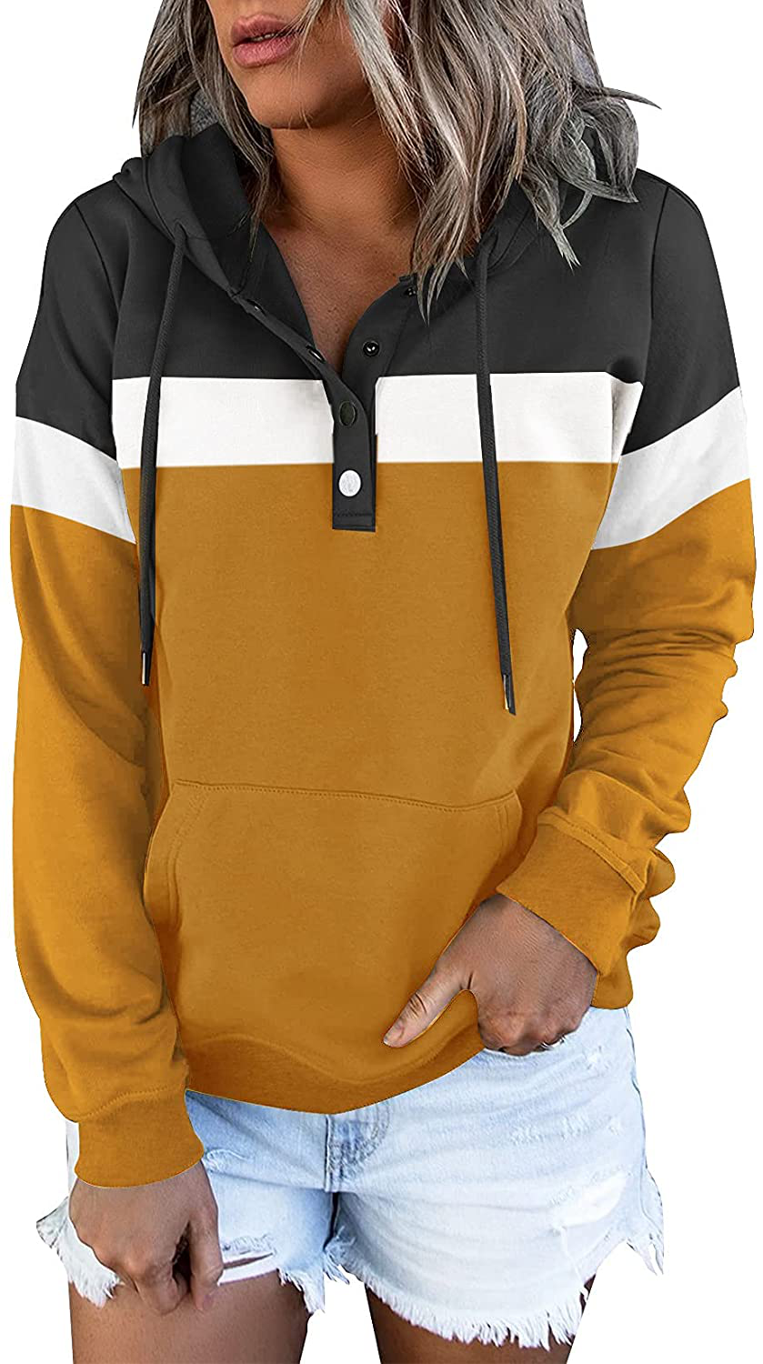 Women'S Casual Color Block Hoodies Long Sleeve Tops Button down Drawstring Pullover Sweatshirts with Pocket Apparel & Accessories > Clothing > Activewear Kylie Max   