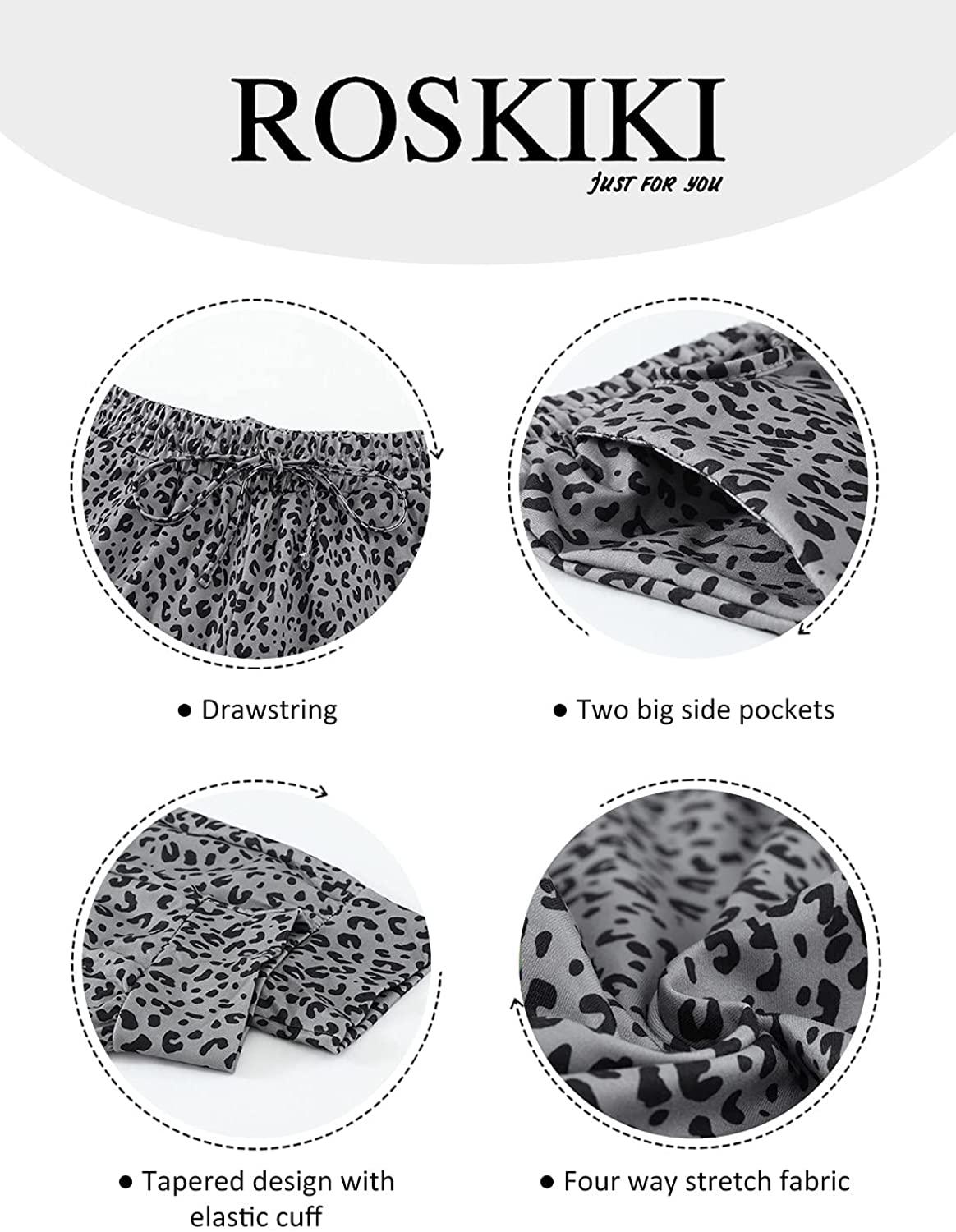 ROSKIKI Womens Leopard Drawstring Elastic Waist Sports Lounge Pants with Pockets Apparel & Accessories > Clothing > Activewear Kylie Max   