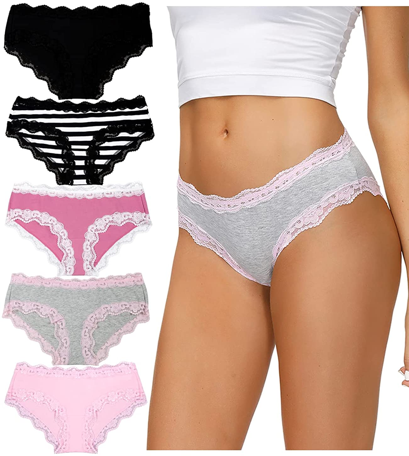 OHLLAVIVY Cotton Underwear Women'S Panties Soft Lace Hipster Briefs Multi-Pack Apparel & Accessories > Clothing > Underwear & Socks > Underwear OHLLAVIVY Lace Briefs(i) Small 