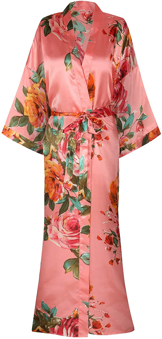Women'S Long Floral Satin Kimono Robes Bridal Dressing Gown Wedding Bridesmaid Nightgown Apparel & Accessories > Clothing > Sleepwear & Loungewear > Robes goodmansam Coral X-Large-XX-Large 