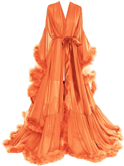 Molisa Women'S Sexy Feather Bridal Robe Long Wedding Scarf Illusion Bathrobe Sleepwear Lingerie Robe Nightgown Apparel & Accessories > Clothing > Sleepwear & Loungewear > Robes Molisa Orange Small-Medium 