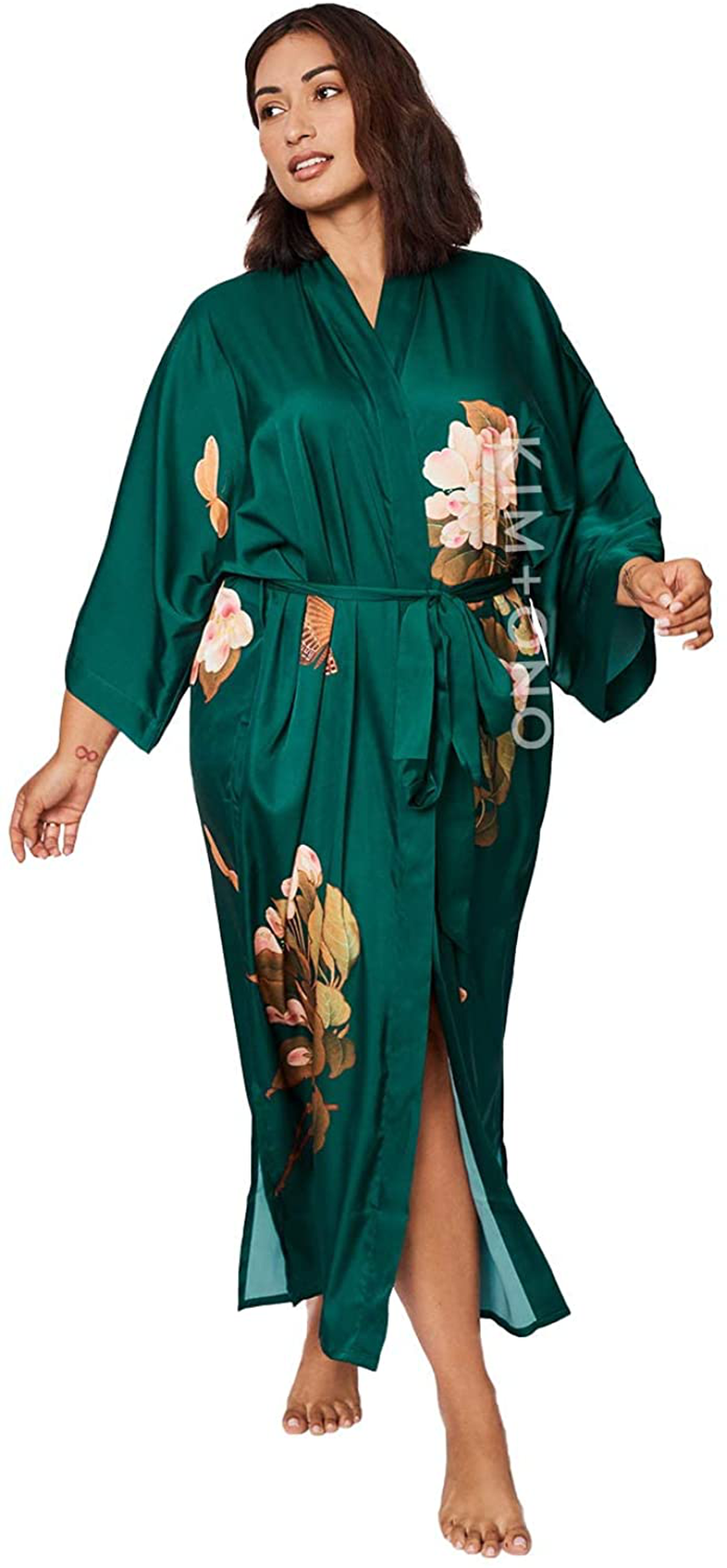 KIM+ONO Women'S plus Size Charmeuse Kimono Robe Long - Watercolor Floral Apparel & Accessories > Clothing > Sleepwear & Loungewear > Robes KIM+ONO   