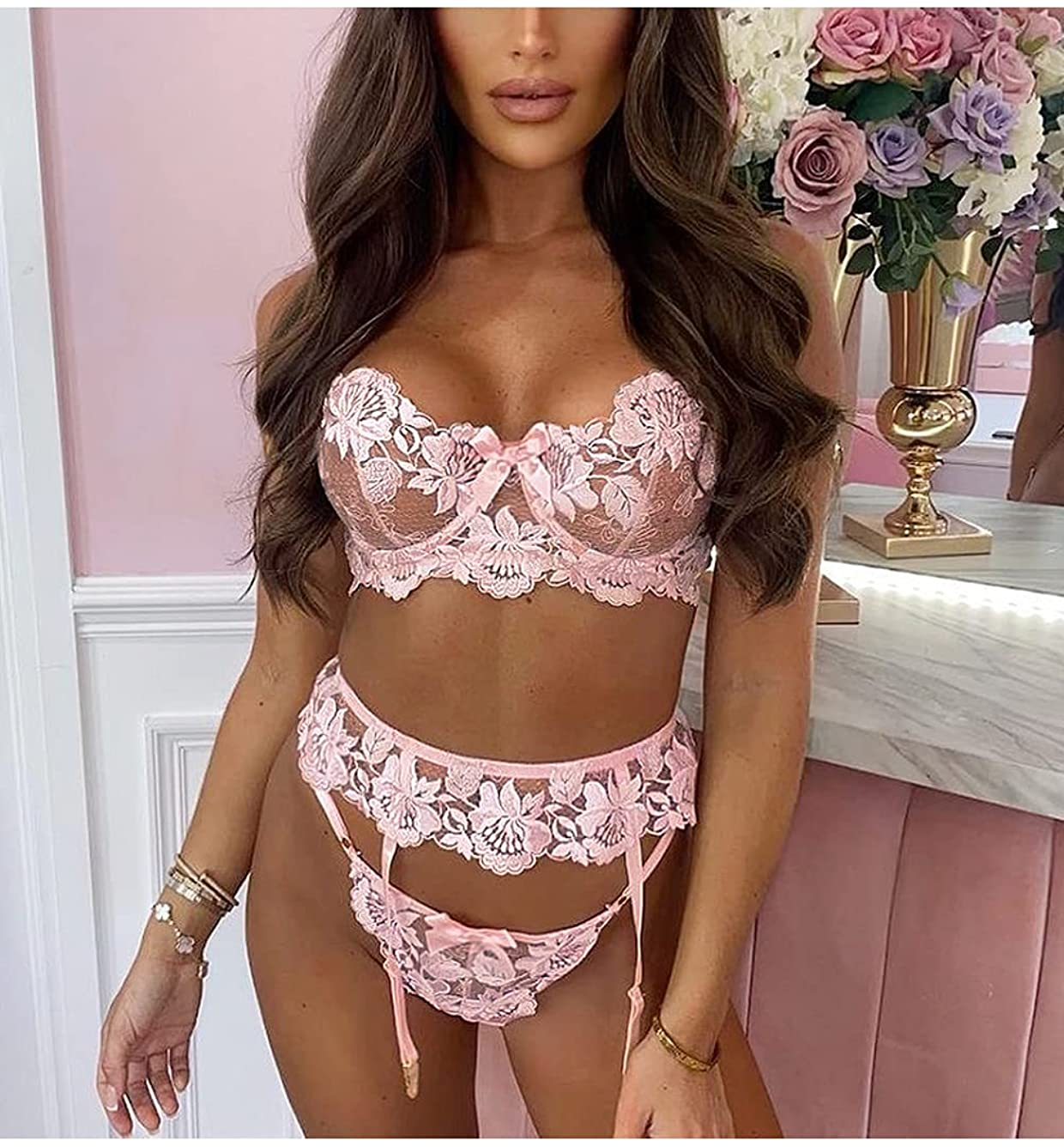 Kaei&Shi Floral Embroidered Mesh Sheer,Underwire,G-String,Garter Lingerie Set Apparel & Accessories > Clothing > Underwear & Socks > Lingerie Kaei&Shi   